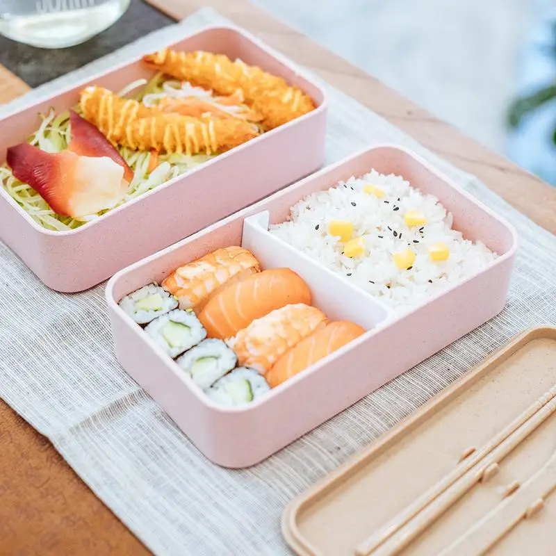 Пластиковая легкая Чистящая коробка с двойным дном, одноцветная коробка бенто с палочки для еды и ложки, столовая посуда, контейнер для хранения еды