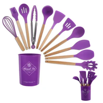 

1Pc Purple Wooden Silicone Kitchen Utensil Nonstick Spoon Soup Turner Spatula Tong Baking Cooking Utensil Utensilios De Cocina