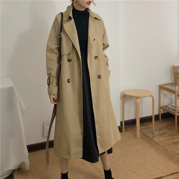 

Top women casual solid color double breasted outwear sashes office lady elegant coat chic epaulet design long trench