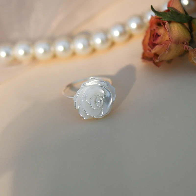ASHIQI Natural Shell Flower Ring 925 Sterling Silver Handmade Jewelry Unique for Women Gift