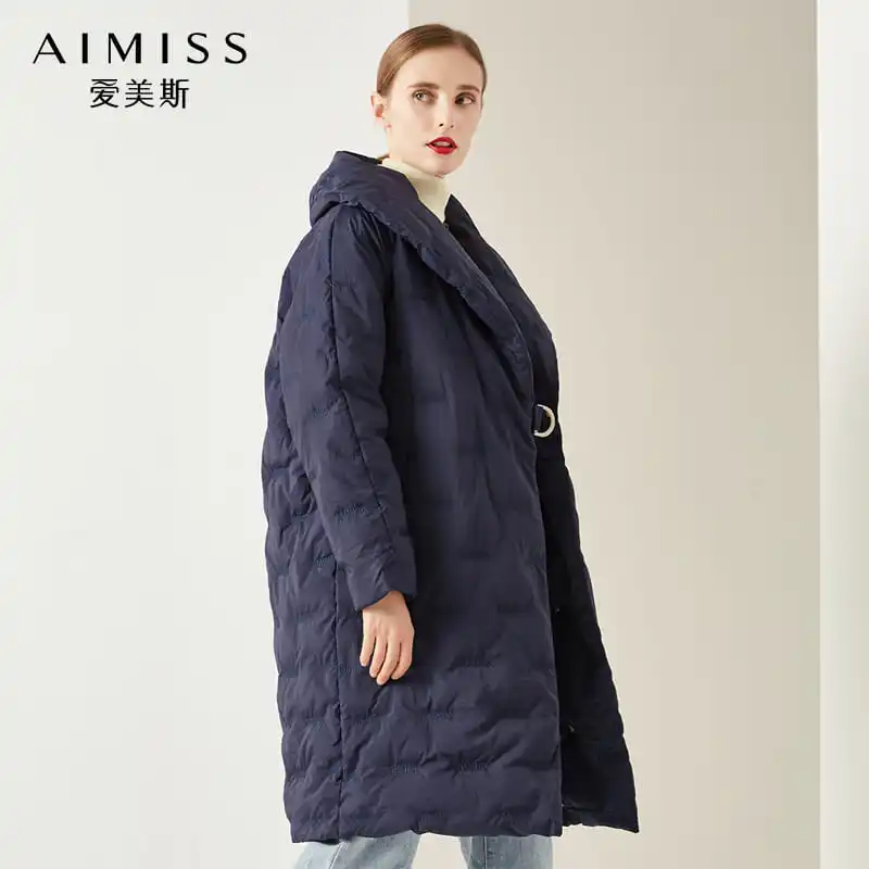 AIMISS/Новая брендовая пуховая куртка, очень толстая зимняя теплая длинная пуховая куртка с отложным воротником, верхняя одежда, комплект одежды синего цвета
