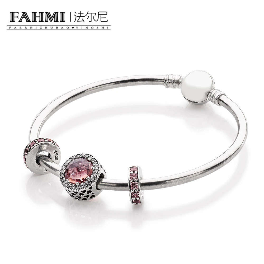 

2020 100% 925 Sterling Silver Original Radiant Hearts Charm Blush Pink Crystal & Clear CZ Rosy Eternity Space Bracelet Set Gift