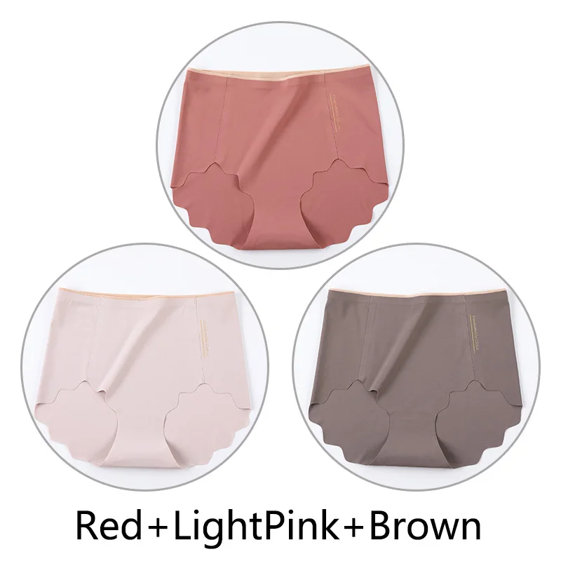 Red LightPink Brown 3 шт Бесшовные трусы женские с высокой талией сексуальные трусики L-XXL белье большого размера мягкий Ультратонкий дышащий Женский нижнее белье - Цвет: Red LightPink Brown