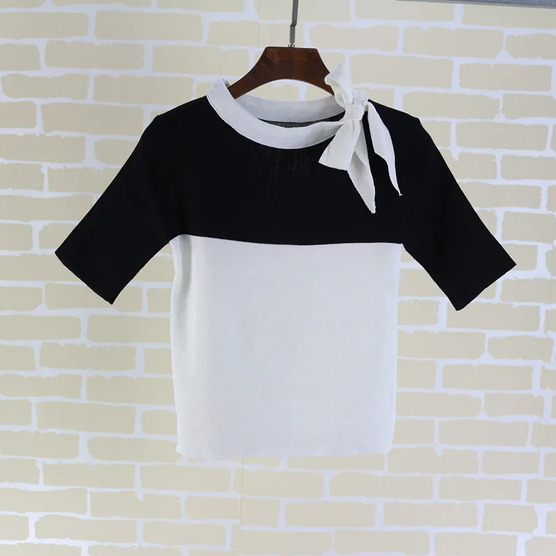 Белый summer women's knit short-sleeved T-shirt Slim round neck bow T-shirt knit shirt bottoming outside wearing office lady tops - Цвет: Белый