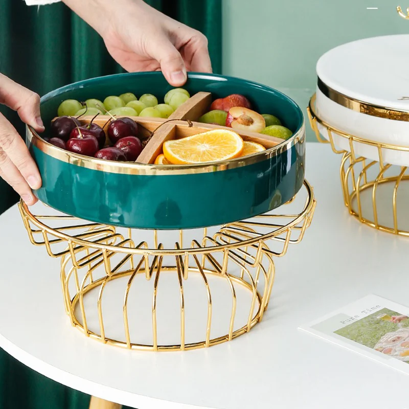 US $60.47 Ceramic Fruit Tray With Stand Luxury Gold Inlay Ceramic Storage Box With Lids Candy Snack Serving Plate Christmas Decoration