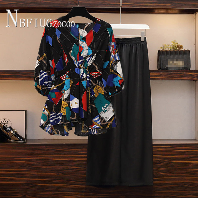 Summer Plus Size Women Sets Elastic Waist Blouse And Pants Female Sets
