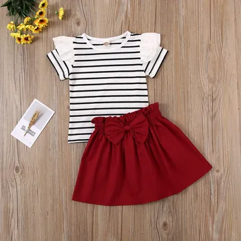 

Pudcoco Toddler Baby Girl Clothes Summer Fly Sleeve Striped T-Shirt Tops Bowknot Skirt 2Pcs Outfits Clothes Sunsuit