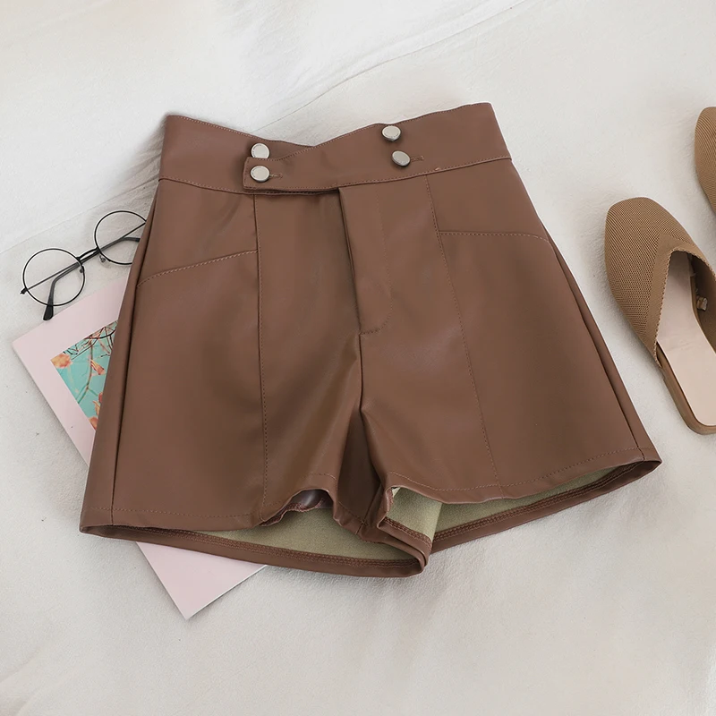 HELIAR PU Leather Shorts Women High Waist Buttons Sashes Chic Shorts Wide Leg Outwear Shorts Fall INS Hot Shorts Women