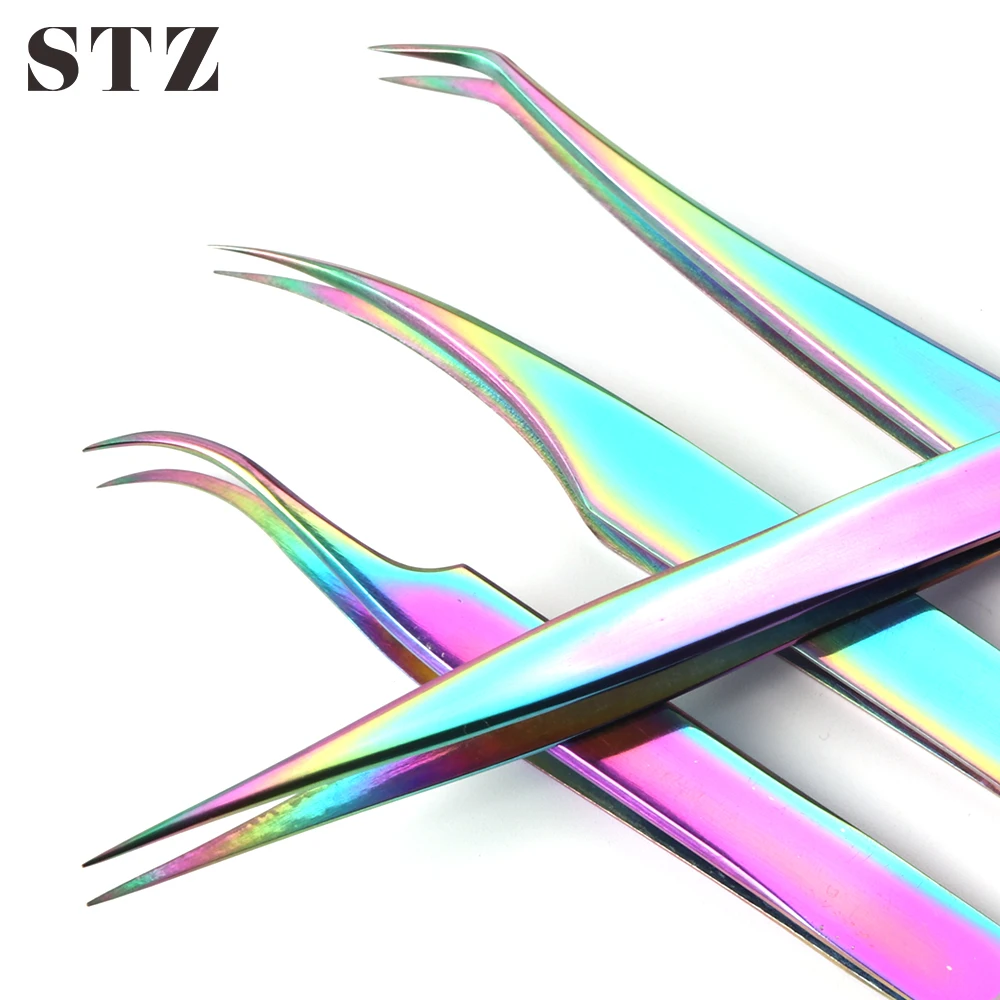 

STZ 1pcs Chameleon Eyelash Tweezers Extensions Curved Straight Curler Nails Rhinestones Gems Picker Makeup Manicure Tools FBT1-4