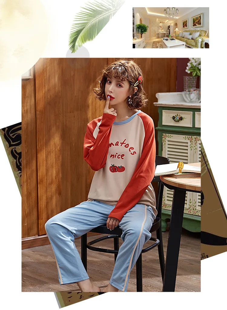 Pajamas Women's Spring And Autumn 6535 Cotton Long Sleeve Thin Sweet Cute Casual-Outer Wear All Cotton Suit Tracksuit Women's