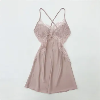 여름 새로운 Nightdress 여성 Backless 스파게티 스트랩 잠옷 새틴 수면 복장 친밀한 란제리 섹시한 레이스 홈 의류