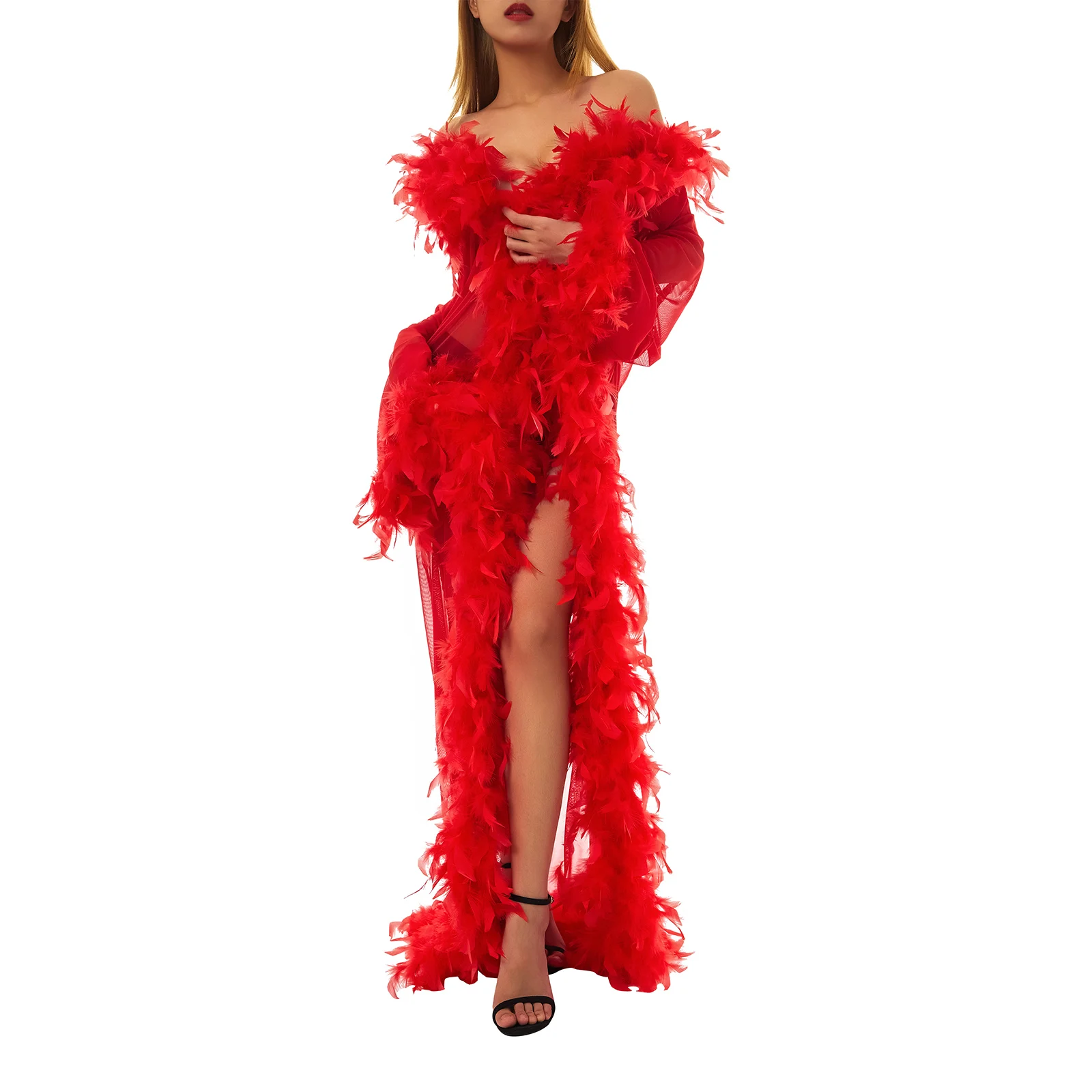 2022 New Robe Women's Feather Robe Sexy  Kimono Robe Sheer Long Nightgowns Sleepwear Bathrobe Bridal Robe with Fur sexy dress Dresses