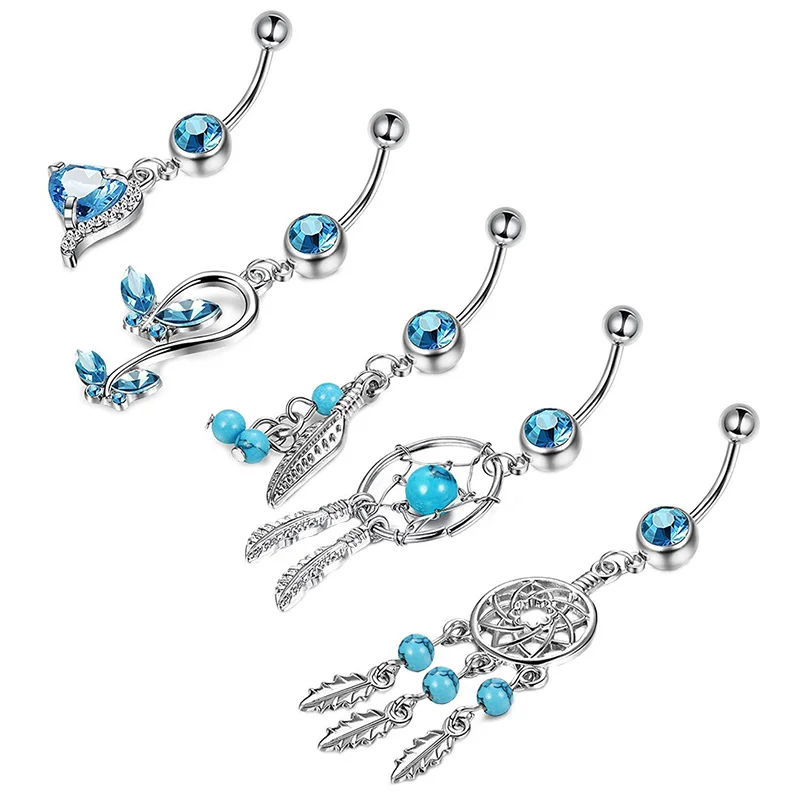 5Pcs/Set Stainless Steel Blue Crystal  Dream Catcher Belly Button Ring Navel Piercing JewelryBody Jewelry