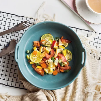 

MDZF SWEETHOME 9.4inch Ceramic Round Baking Pan Matte Bakeware Tray With Handle Fruit Salad Vegetable Plate Kitchen Soup Bowl