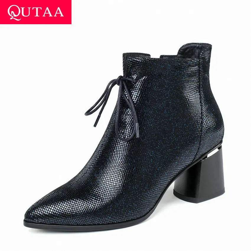 QUTAA/ г. Пикантная осенне-зимняя повседневная женская обувь с острым носком на толстом каблуке ботильоны из овечьей кожи на молнии со шнуровкой размеры 34-42