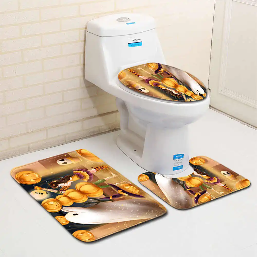 No-4 Halloween Party Toilet Seat Cover Memory Foam WC Mat Pumpkin Lantern Printed Anti slip Bath Mat Set for Bathroom - Цвет: No-4