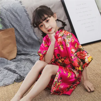 

Cute Print Flower Children Wedding Robe Summer New Half Sleeve Short Kimono Robe Comfortable Satin Soft Bathrobe Gown Nightgown