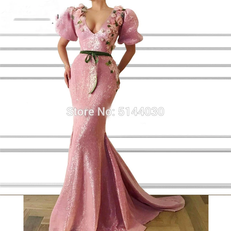 Pink Muslim Evening Dress V-neck Sequins Mermaid vestido de festa Islamic Dubai Saudi Arabic Evening Gown Prom Dresses