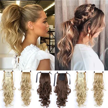 

XUANGUANG r Natural Wave Pony Tail Fake Hair Straight Synthetic Clip in Drawstring Ponytail Wave Curly Ponytail Synthetic Hai