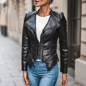 

2019 New Women Motorcycle Jacket Autumn Female Faux Leather Coats Punk Style Winter PU Jacket Outwear Zipper Cropped Coat D30