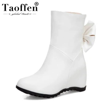 

Taoffen Women Pu Leather Wedges Mid Calf Boots Winter Warm Bowknot High Heels Party Shoes Woman Botas Footwear Size 33-43