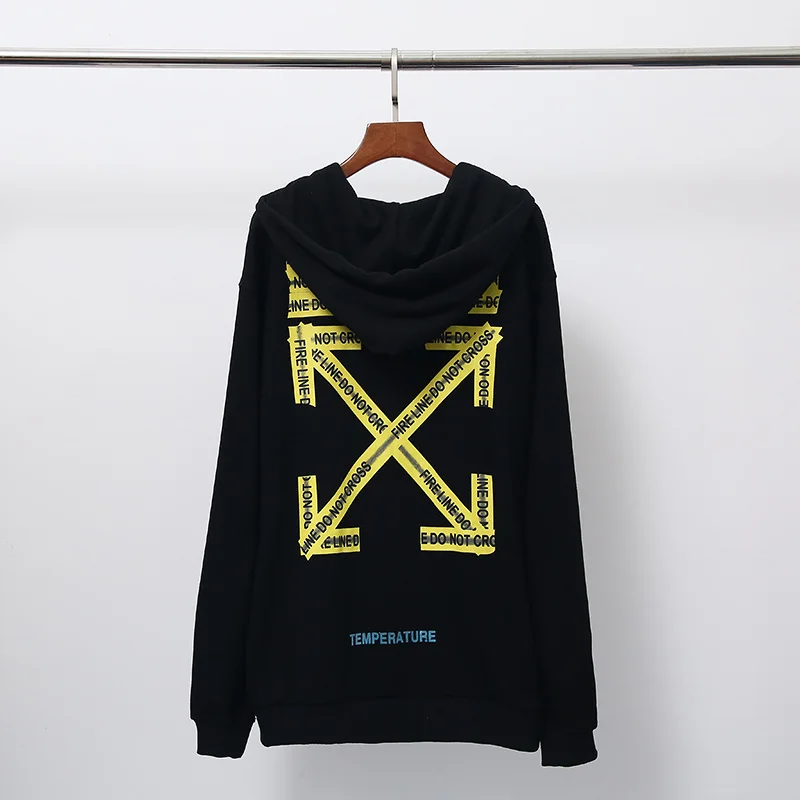 19ss Off-White OW желтая Предупреждение ющая линия стрелка для мужчин и женщин унисекс для влюбленных Модная хлопковая Повседневная Толстовка с капюшоном Свободная куртка