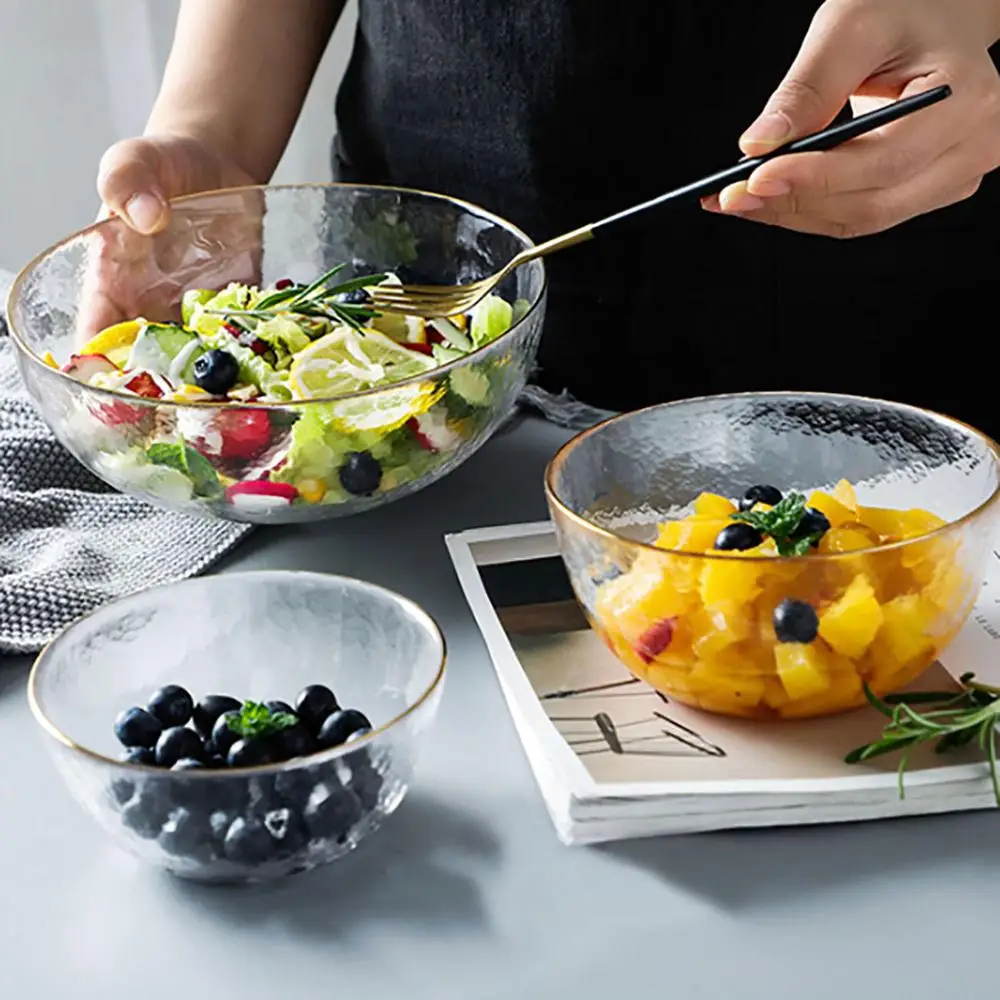 

12.5/14.5/20CM Gold Side Crystal Transparent Glass Bowl Large Household Salad Dessert Soup Bowl Kitchen Tableware 1PC