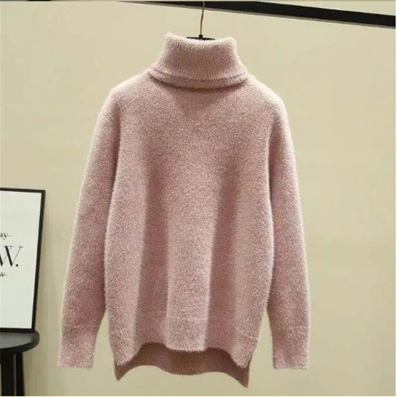

Babbytoro Sweaters Women Autumn Winter Turtle Neck Irregular Knited Long Sleeve Christmas Pullover Sweater Pink Beige Khahi