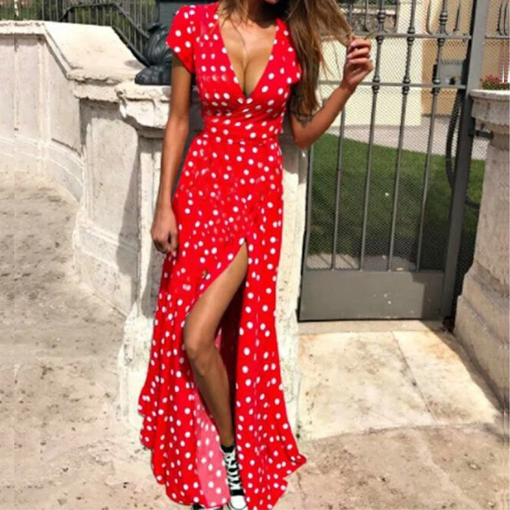 

Litthing 2019 Summer Long Women Dress Boho Holiday Polka Dot Maxi V-neck Long Shirt Dress Sexy Short Sleeves Red Fashion Dress