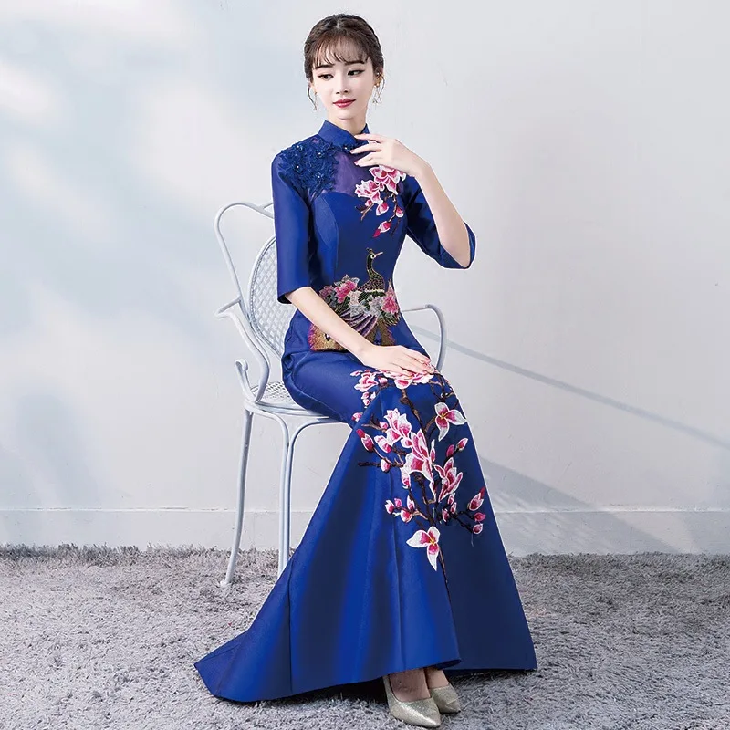 Новинка, банкетное платье, китайский стиль, Cheongsam, костюмы с рукавами, рыбий хвост, тонкий длинный рукав, винтажная вышивка