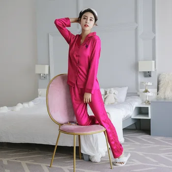 

Satin Pajamas Suit For Women Sleep Set Long Sleeve Home Clothing Navy Blue Sexy Bathrobe Lingerie Casual Nightwear Kimono Gown