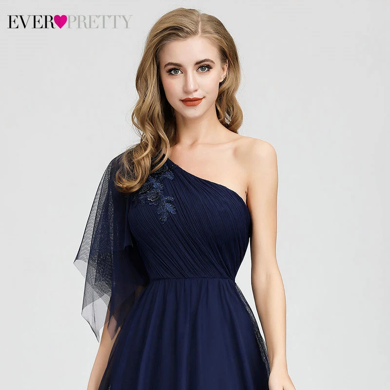 Элегантное темно-синее вечернее платье, длинное красивое ТРАПЕЦИЕВИДНОЕ Тюлевое платье на одно плечо с бисером, недорогие вечерние платья Abiye Gece Elbisesi