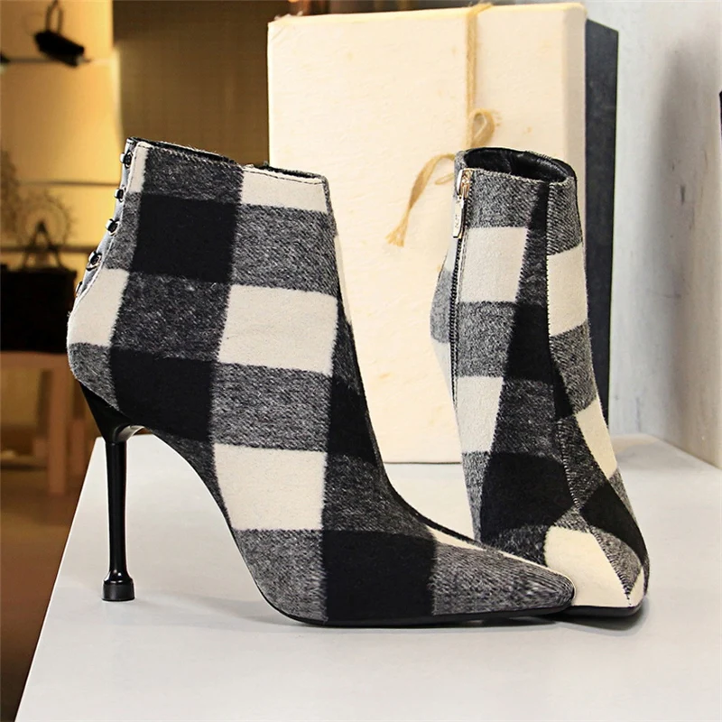 2019 г. новые зимние женские пикантные клетчатые ботильоны на высоком каблуке
