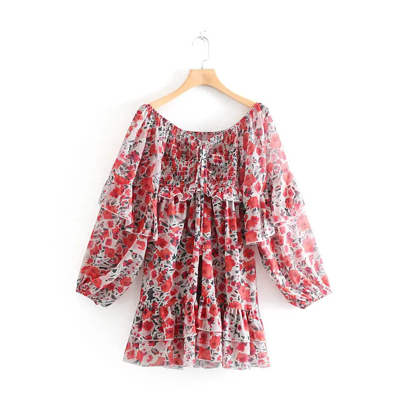 

Cxn-9467 WOMEN'S Dress New Products Printed off-Shoulder Elastic Flounced Dress