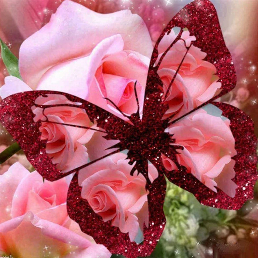 100% full Square/Round drill Daimond Painting Cross-stitch kits pink Roses&ampButterflies 5D Diamond Paint Rhinestones Embroidery | Дом и сад