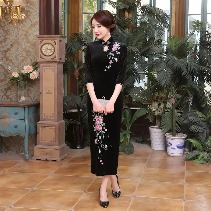 Размер S-4XL китайское Ципао классическое женское бархатное тонкое платье Cheongsam Новое Вечернее Платье - Цвет: Черный