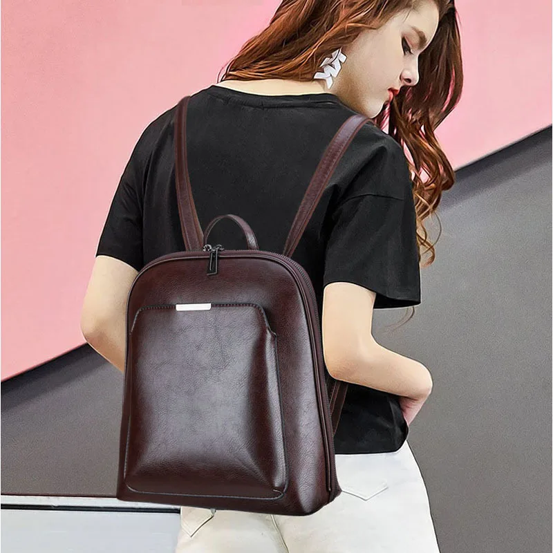 

2019 New Women's Shoulder Bag Fashion Oil Wax Skin European and American Style Double Shoulder Backpack