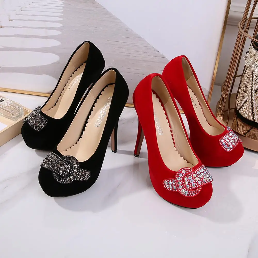 Женские туфли лодочки из флока на платформе 4 см с круглым носком|Туфли| |