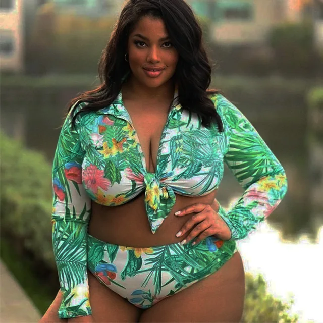 Plus Size Swimsuit Oversized Woman Brazilian Bikinis Bathing Suit Large Size  Long Sleeve V Waist Swimsuit 2 Piece Bikini Set - Bikinis Set - AliExpress