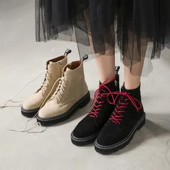 

PXELENA Hot Star Style Cow Suede Boots Women Plus Size 34-43 Autumn Winter 2019 Lady Shoes Lace Up Zip Riding Biker Boots