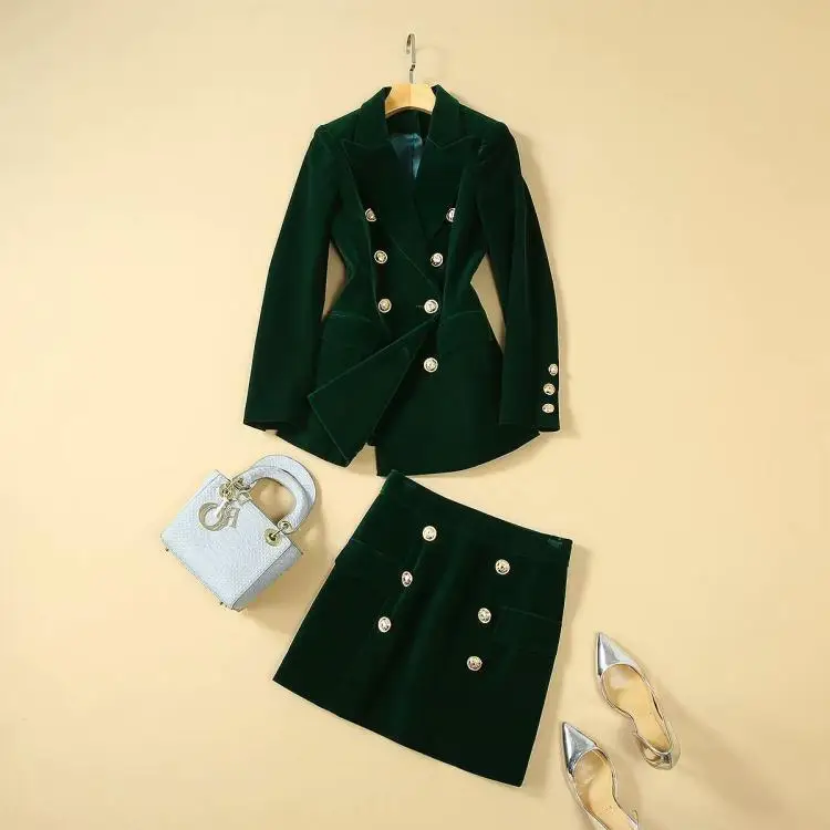 

New 2019 autumn winter green velvet blazer suit double breasted high street runway band sexy mini skirts two piece set
