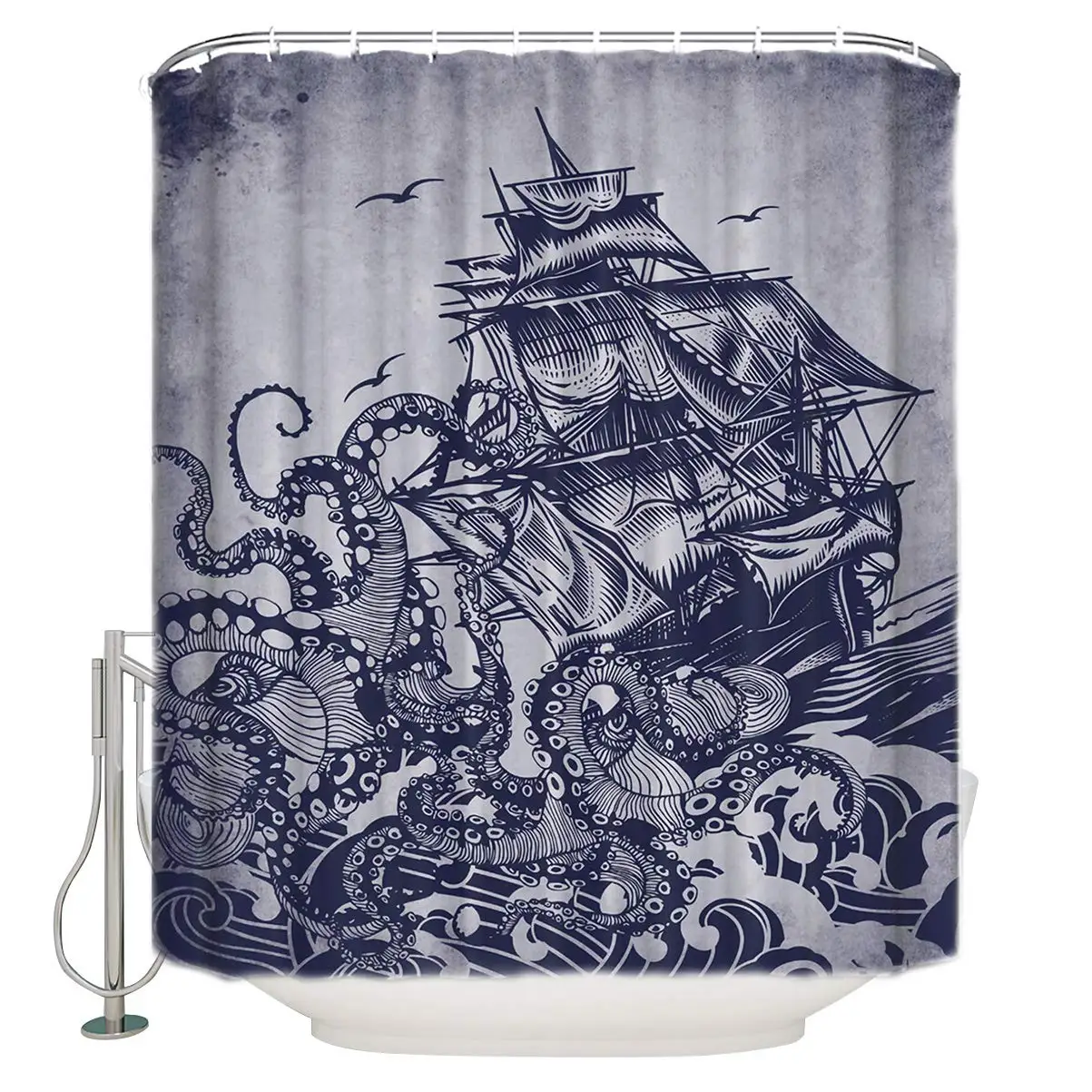 

Shower Curtain for Bathroom Kraken Octopus with Old Boat in Ocean Waves Bath Curtain Durable Waterproof Polyester Fabric