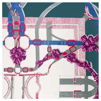 

New 100% Twill Silk Kerchief Style Ethnic Square Scarf For Woman Luxury Brand Euro Flower Belt Print Foulard Shawls Wraps