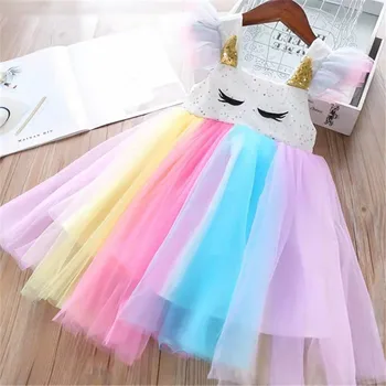 

Girl in dress summer new lovely Princess dress baby Cartoon eyelash stitching Rainbow colors Gauze Holiday party Star in Shoot