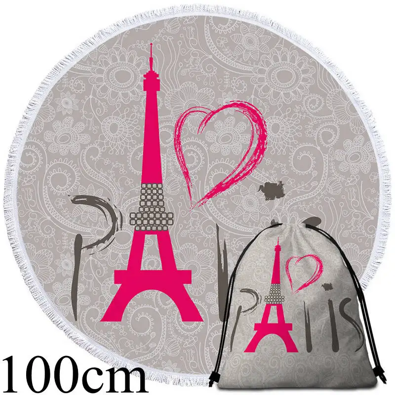 002 Towel 100cm-Bag Постельные принадлежности Outlet большой круглый пляжное полотенце женщина Toalla с кисточкой летнее полотенце Франция башня печатных микрофибры одеяло йога коврик - Цвет: 002 Towel 100cm-Bag
