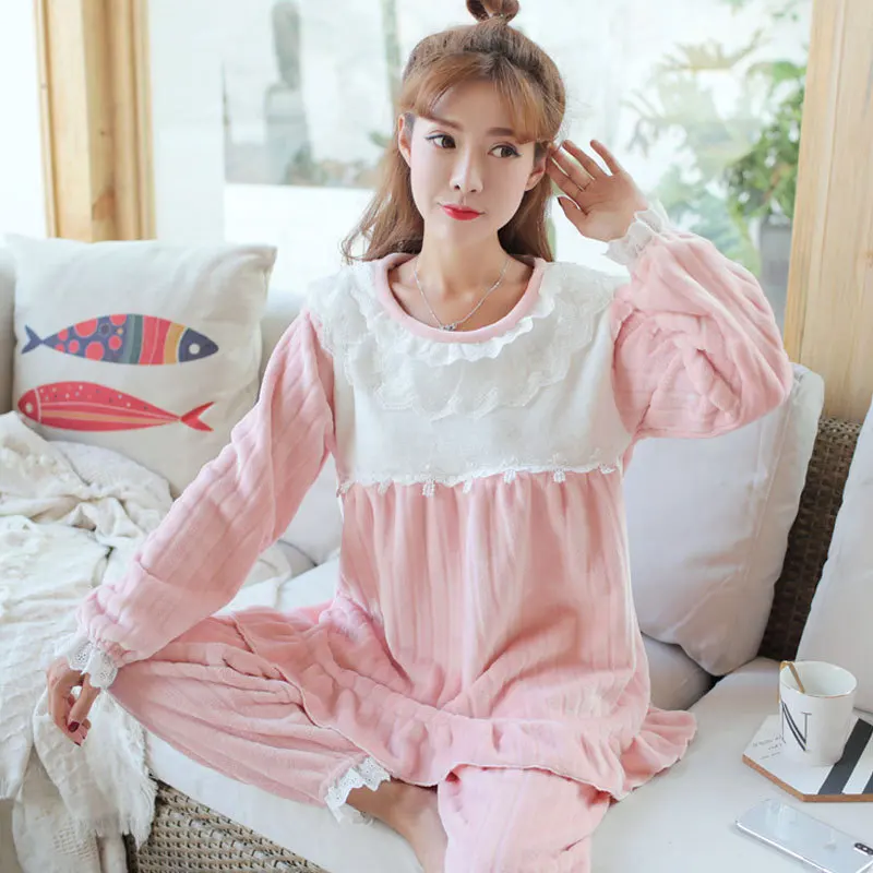 

300g Cut Flower Pajamas Women's Coral Velvet Palace Princess Japanese Korean Hoodie Flannel Thick Home Set 500