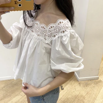 

2020 New Slash Neck Women Blouse Lady Lace Patchwork Hollow Out Sexy Puff Sleeve Loose Female Shirt And Top Clothing