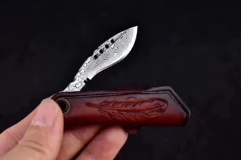 

XITUO Fruit Knife Damascus Folding Knife Leather Handle Kitchen Chef Knife Mini Razor Sharp Outdoor Portable Key Pocket Knife