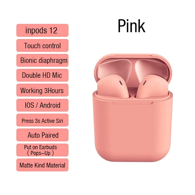 pink I12 TWS Bluetooth наушники матовые беспроводные наушники автоматическое подключение портативные наушники Спортивная гарнитура Музыка для всех смартфонов - Цвет: pink