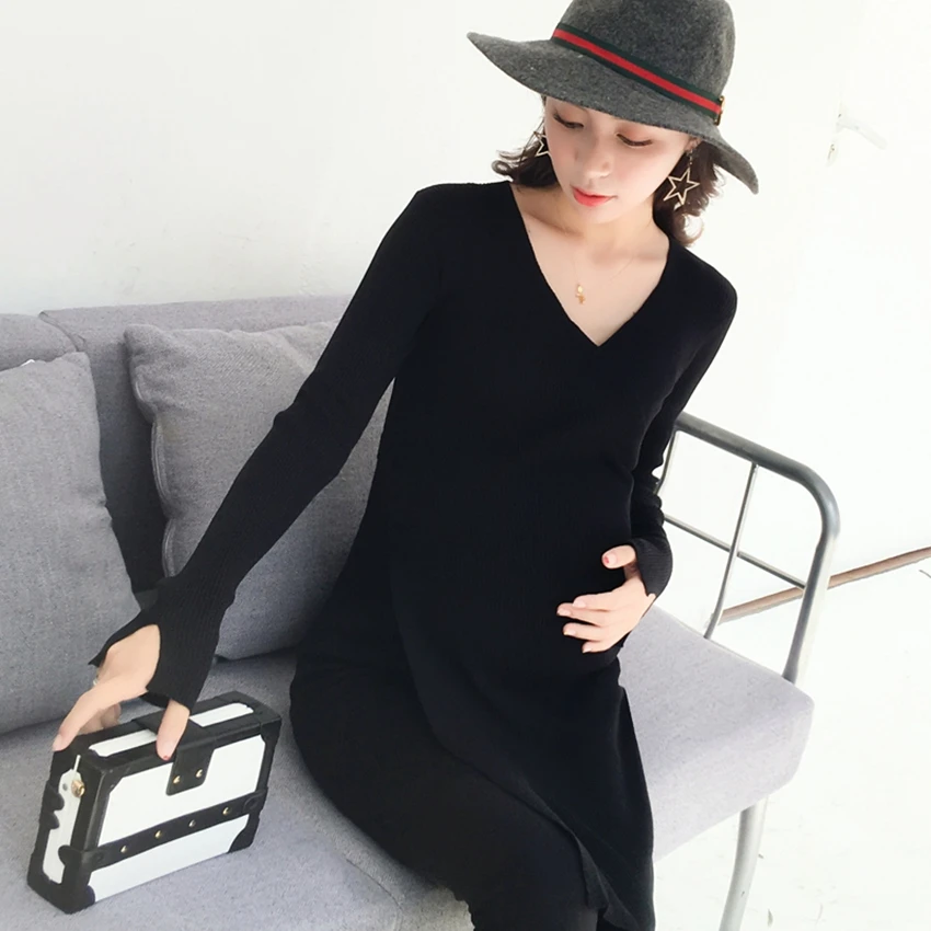 Черный New maternity dress autumn and winter long base pregnant women sweater knit pregnant dress Korean fashion maternity dress - Цвет: Черный